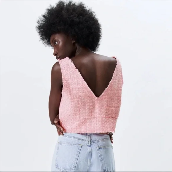 Zara TWEED TEXTURED CROP TOP V-neck w/Frayed Trim - Picture 11 of 11